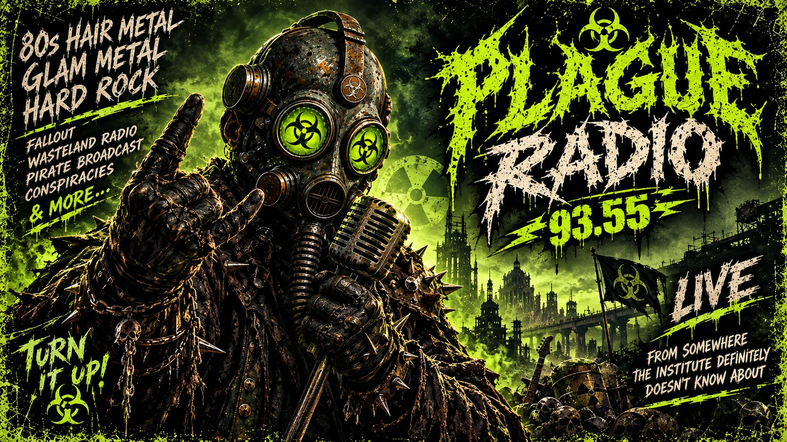 Plague Radio 93.55 artwork featuring a gas-mask-wearing wasteland DJ at an old microphone, lit by radioactive green light.